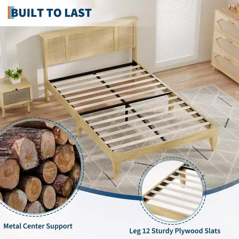 Base de cama con cabecero de ratán natural, fuertes lamas de madera