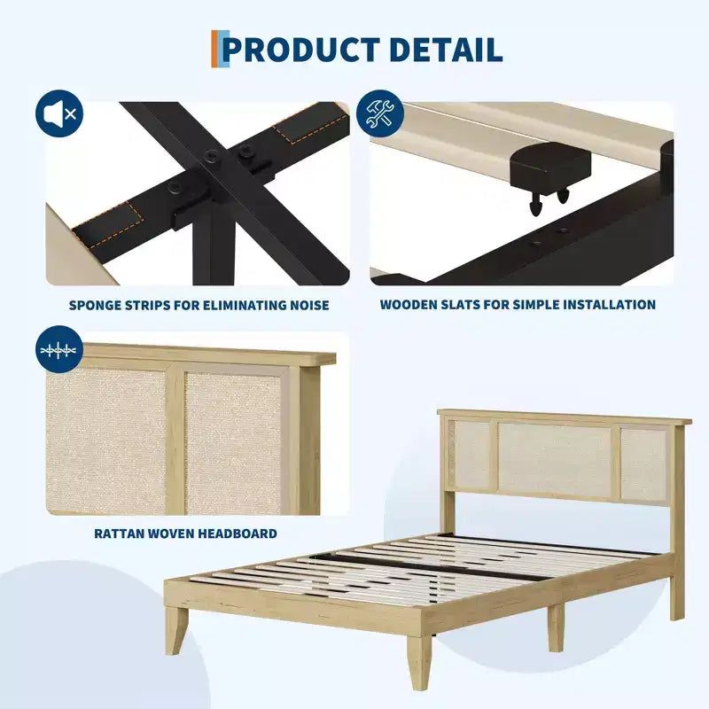 Base de cama con cabecero de ratán natural, fuertes lamas de madera