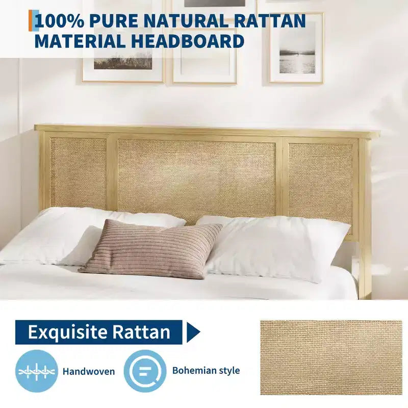 Base de cama con cabecero de ratán natural, fuertes lamas de madera