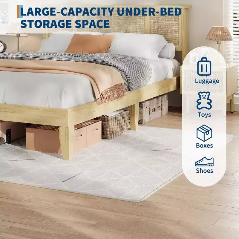 Base de cama con cabecero de ratán natural, fuertes lamas de madera