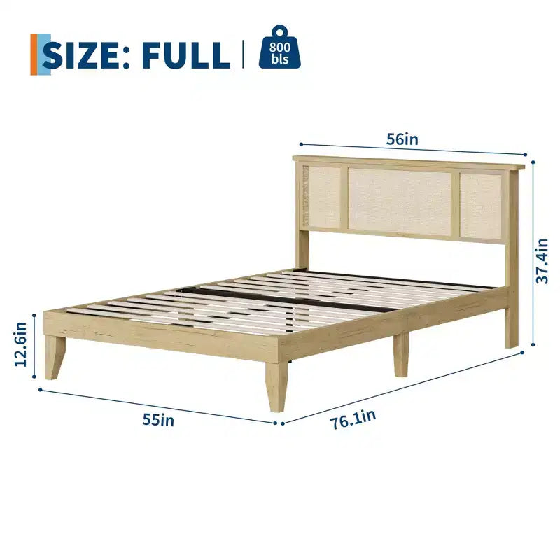 Base de cama con cabecero de ratán natural, fuertes lamas de madera