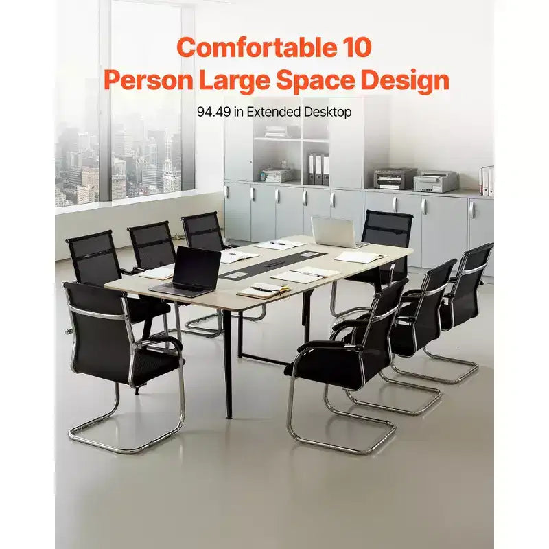 Mesa de conferencias en forma de barco de 8 pies con estación de carga para 10 personas, escritorio de reuniones moderno con patas de metal, beige
