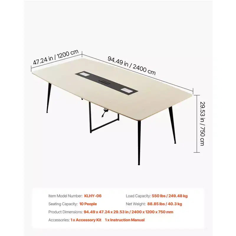 Mesa de conferencias en forma de barco de 8 pies con estación de carga para 10 personas, escritorio de reuniones moderno con patas de metal, beige