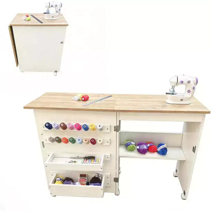 Mesa de Costura Plegable con Ruedas Bloqueables, Estación de Manualidades con Estantes y Bandejas de Almacenamiento para Máquina de Coser