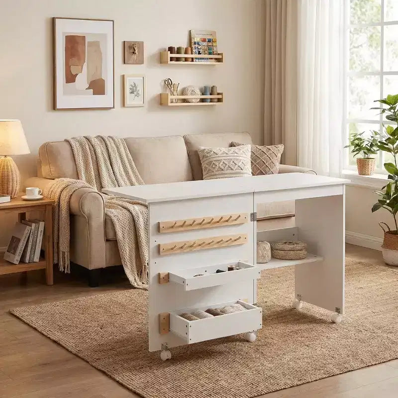 Mesa de Costura Plegable con Ruedas Bloqueables, Estación de Manualidades con Estantes y Bandejas de Almacenamiento para Máquina de Coser