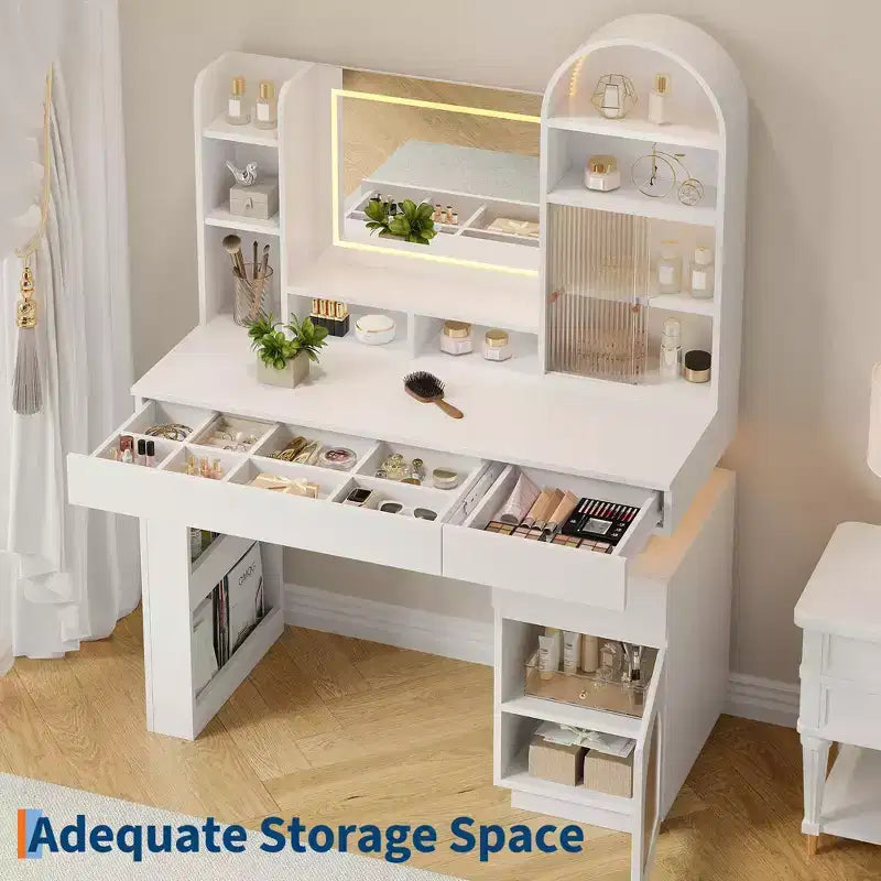 Tocador arqueado con espejo, cómoda grande con 3 cajones y 11 estantes de almacenamiento, para dormitorio, sala de estar