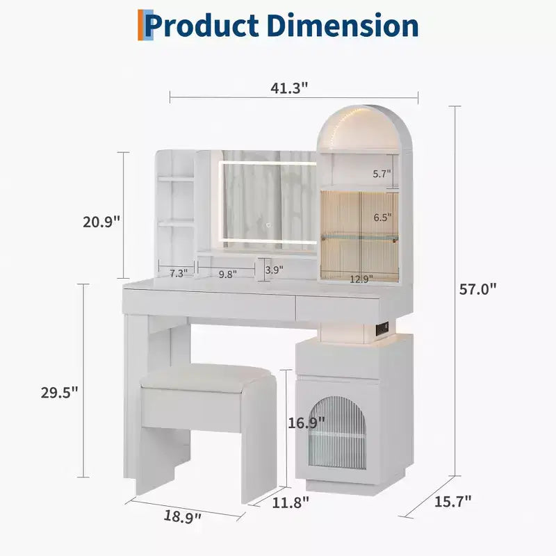 Tocador arqueado con espejo, cómoda grande con 3 cajones y 11 estantes de almacenamiento, para dormitorio, sala de estar