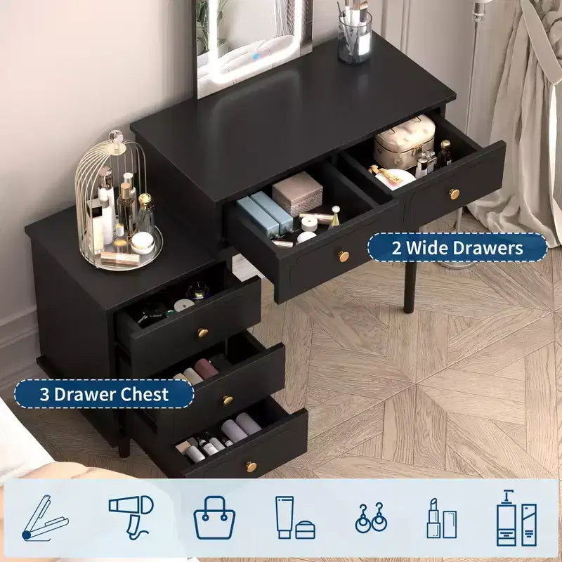 Tocador con Luces y Espejo, Mesa de Maquillaje Moderna con 2 Cajones y Gabinete de 3 Cajones