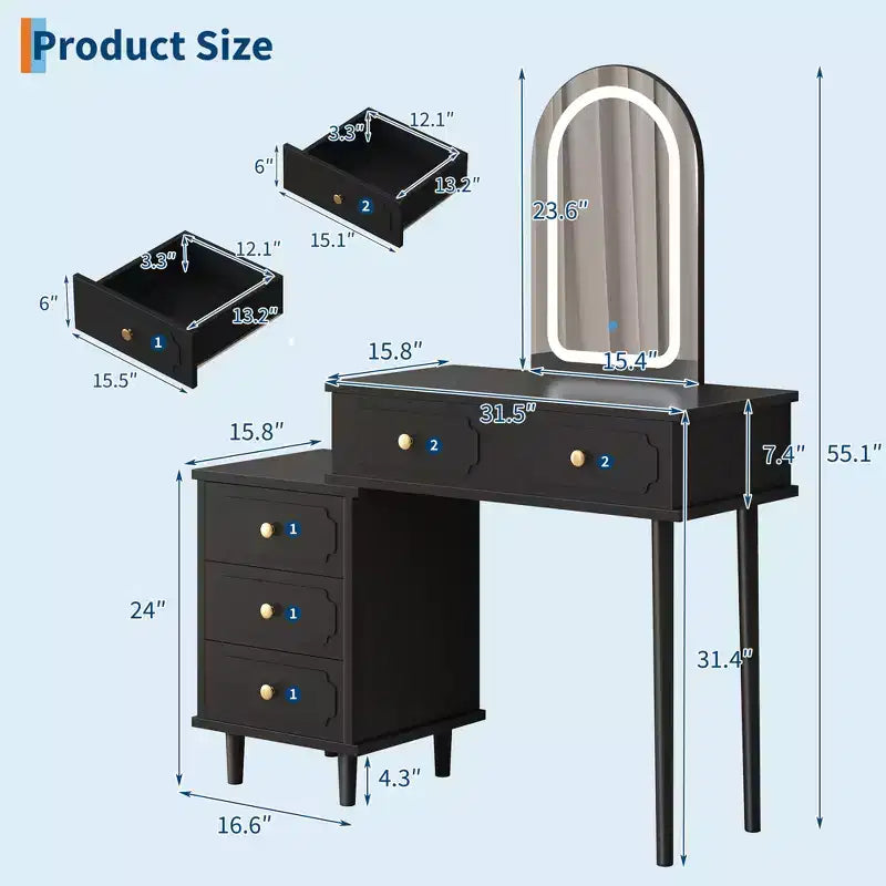 Tocador con Luces y Espejo, Mesa de Maquillaje Moderna con 2 Cajones y Gabinete de 3 Cajones
