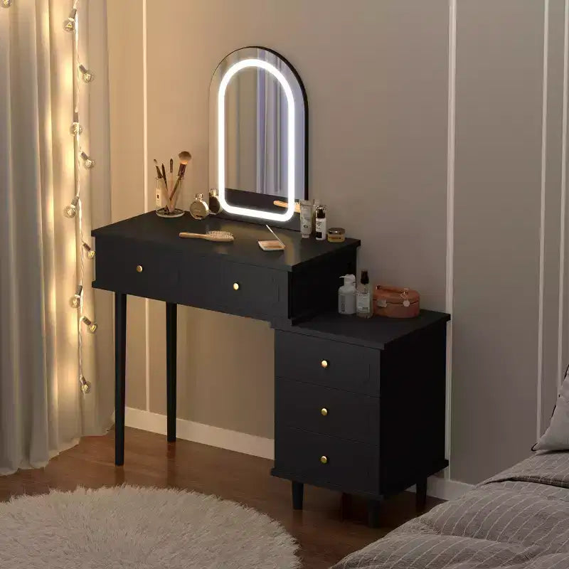 Tocador con Luces y Espejo, Mesa de Maquillaje Moderna con 2 Cajones y Gabinete de 3 Cajones