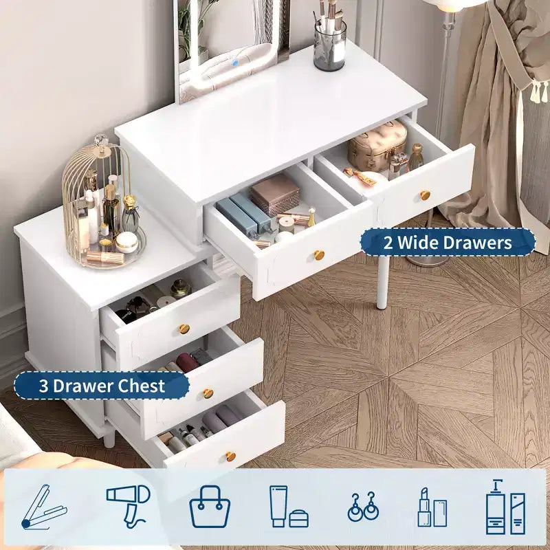 Tocador con Luces y Espejo, Mesa de Maquillaje Moderna con 2 Cajones y Gabinete de 3 Cajones