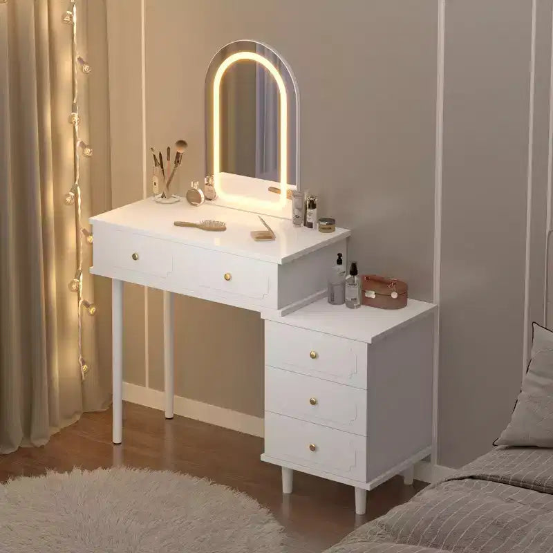Tocador con Luces y Espejo, Mesa de Maquillaje Moderna con 2 Cajones y Gabinete de 3 Cajones
