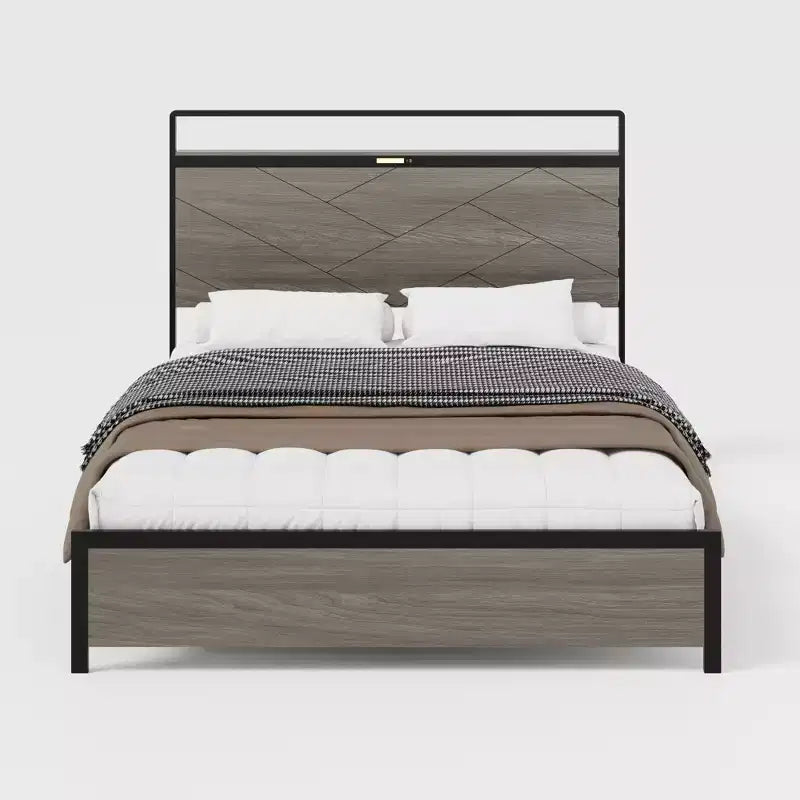 Base de cama con plataforma de tamaño matrimonial/queen/king con cabecero de almacenamiento LED, estructura de cama de plataforma de madera con 2 USB, amplio almacenamiento debajo de la cama, gris antiguo