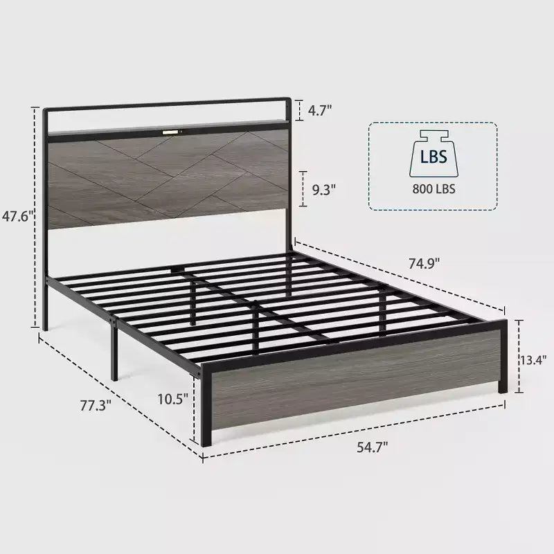Base de cama con plataforma de tamaño matrimonial/queen/king con cabecero de almacenamiento LED, estructura de cama de plataforma de madera con 2 USB, amplio almacenamiento debajo de la cama, gris antiguo