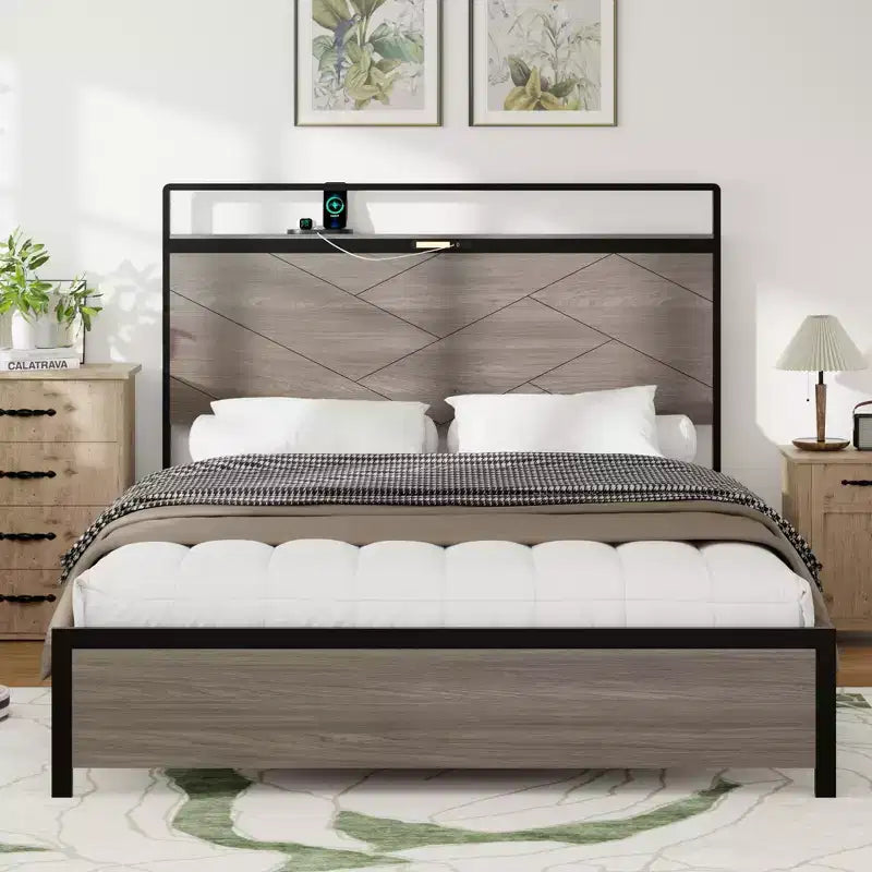 Base de cama con plataforma de tamaño matrimonial/queen/king con cabecero de almacenamiento LED, estructura de cama de plataforma de madera con 2 USB, amplio almacenamiento debajo de la cama, gris antiguo