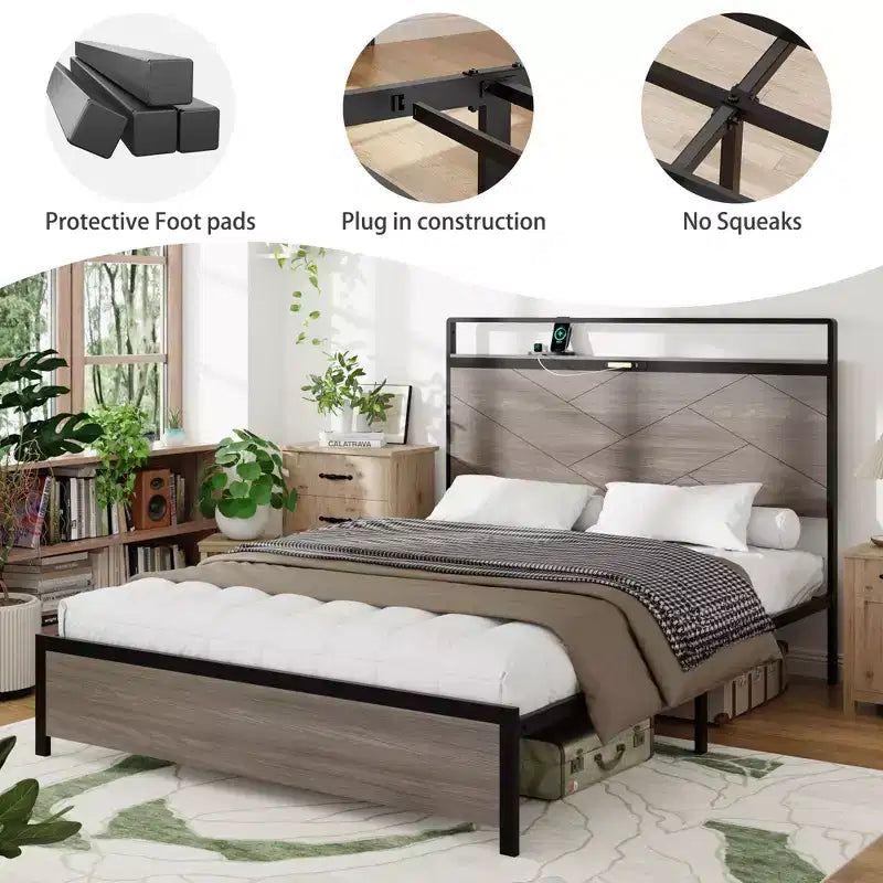 Base de cama con plataforma de tamaño matrimonial/queen/king con cabecero de almacenamiento LED, estructura de cama de plataforma de madera con 2 USB, amplio almacenamiento debajo de la cama, gris antiguo