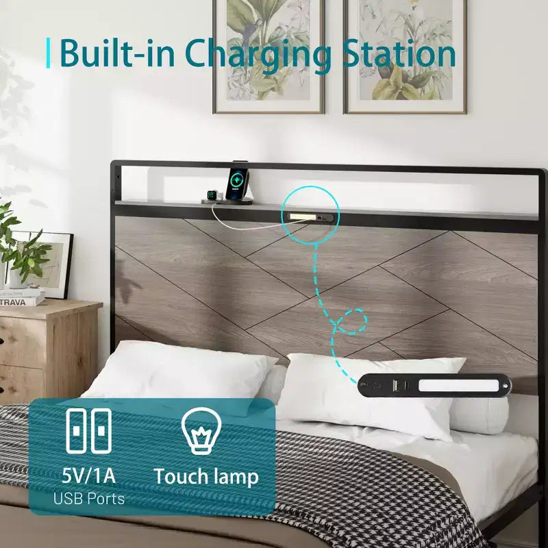 Base de cama con plataforma de tamaño matrimonial/queen/king con cabecero de almacenamiento LED, estructura de cama de plataforma de madera con 2 USB, amplio almacenamiento debajo de la cama, gris antiguo