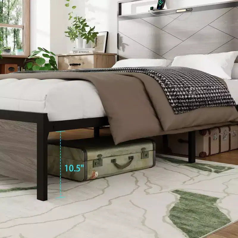 Base de cama con plataforma de tamaño matrimonial/queen/king con cabecero de almacenamiento LED, estructura de cama de plataforma de madera con 2 USB, amplio almacenamiento debajo de la cama, gris antiguo