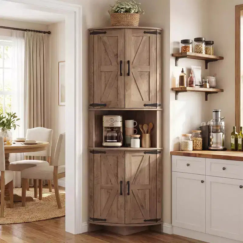 64.8 Armario esquinero alto de estilo rústico con puertas, despensa de almacenamiento con estantes ajustables para cocina, sala de estar y baño