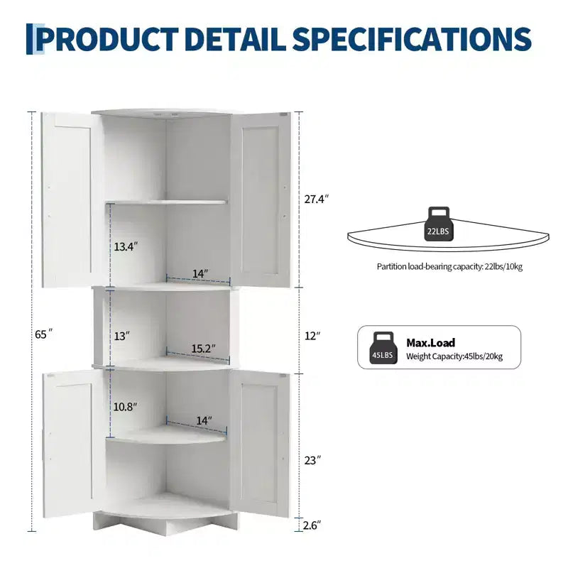 64.8 Armario esquinero alto de estilo rústico con puertas, despensa de almacenamiento con estantes ajustables para cocina, sala de estar y baño