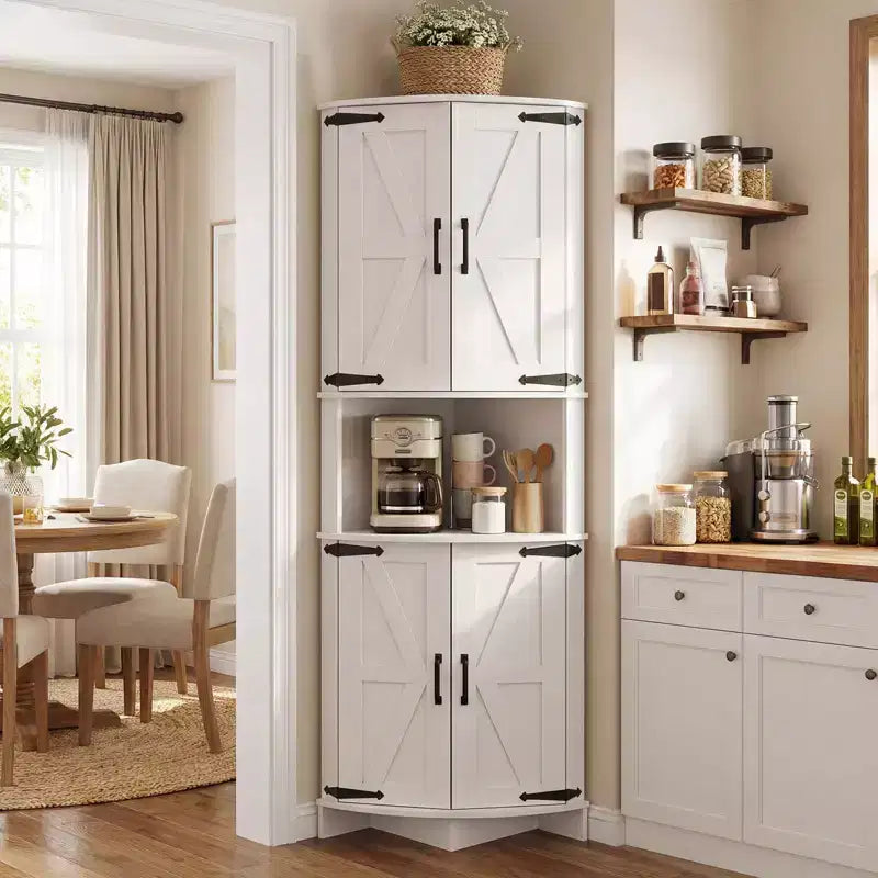 64.8 Armario esquinero alto de estilo rústico con puertas, despensa de almacenamiento con estantes ajustables para cocina, sala de estar y baño