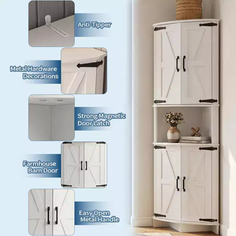 64.8 Armario esquinero alto de estilo rústico con puertas, despensa de almacenamiento con estantes ajustables para cocina, sala de estar y baño