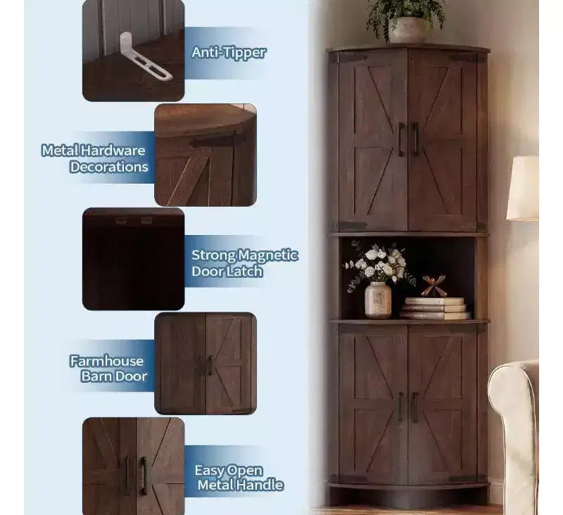 64.8 Armario esquinero alto de estilo rústico con puertas, despensa de almacenamiento con estantes ajustables para cocina, sala de estar y baño