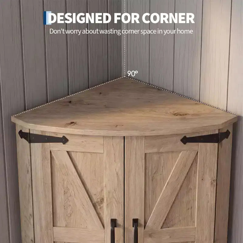 64.8 Armario esquinero alto de estilo rústico con puertas, despensa de almacenamiento con estantes ajustables para cocina, sala de estar y baño