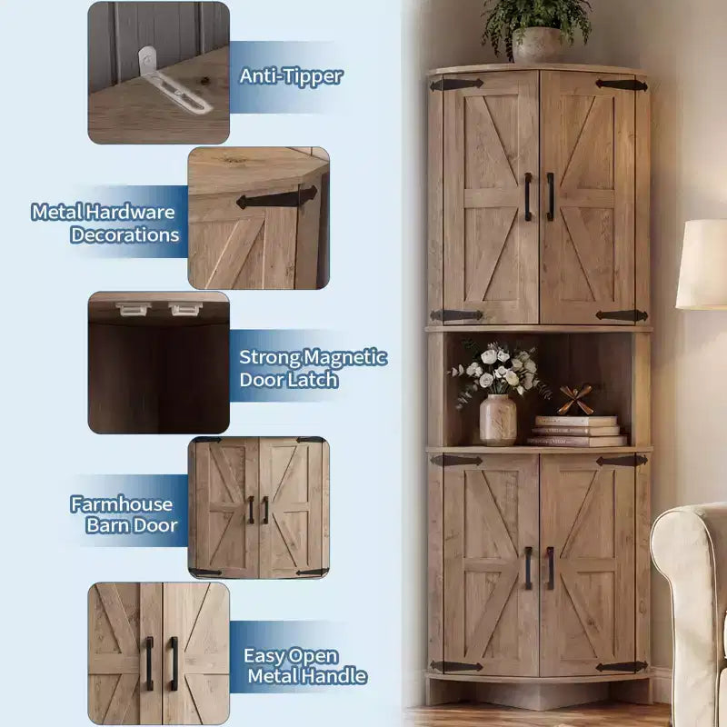 64.8 Armario esquinero alto de estilo rústico con puertas, despensa de almacenamiento con estantes ajustables para cocina, sala de estar y baño