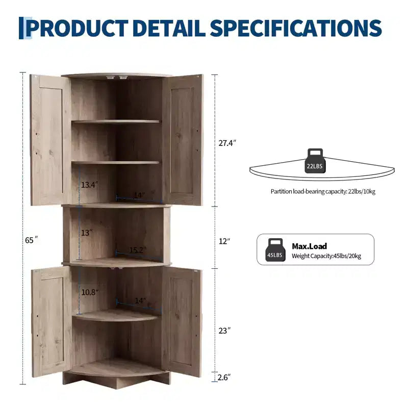 64.8 Armario esquinero alto de estilo rústico con puertas, despensa de almacenamiento con estantes ajustables para cocina, sala de estar y baño