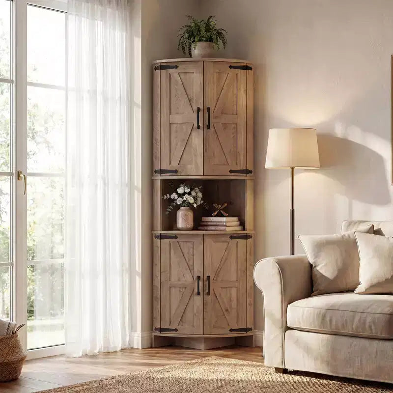 64.8 Armario esquinero alto de estilo rústico con puertas, despensa de almacenamiento con estantes ajustables para cocina, sala de estar y baño