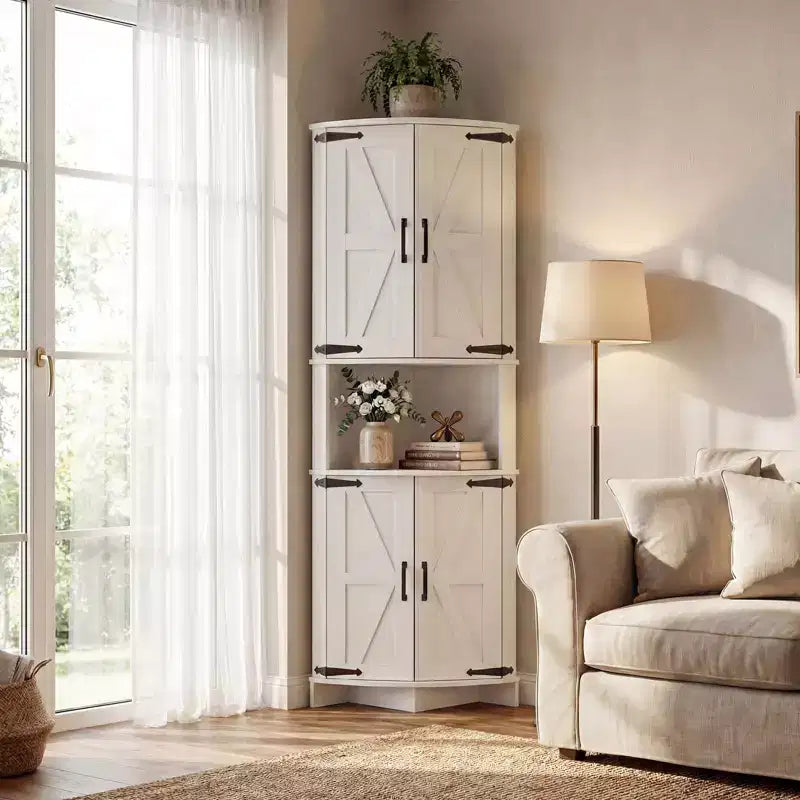 64.8 Armario esquinero alto de estilo rústico con puertas, despensa de almacenamiento con estantes ajustables para cocina, sala de estar y baño