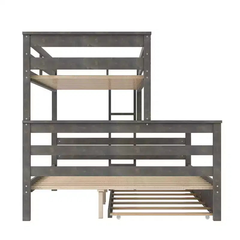 Litera de madera doble XL sobre queen con escalera, listones de madera maciza