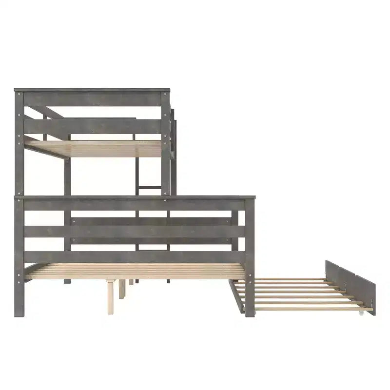 Litera de madera doble XL sobre queen con escalera, listones de madera maciza