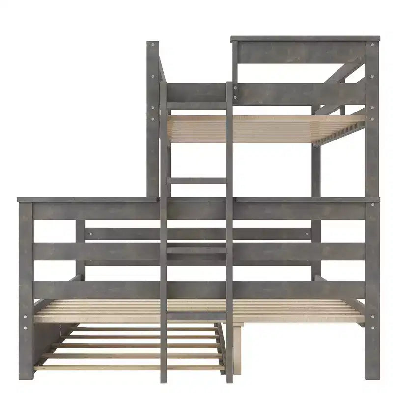 Litera de madera doble XL sobre queen con escalera, listones de madera maciza