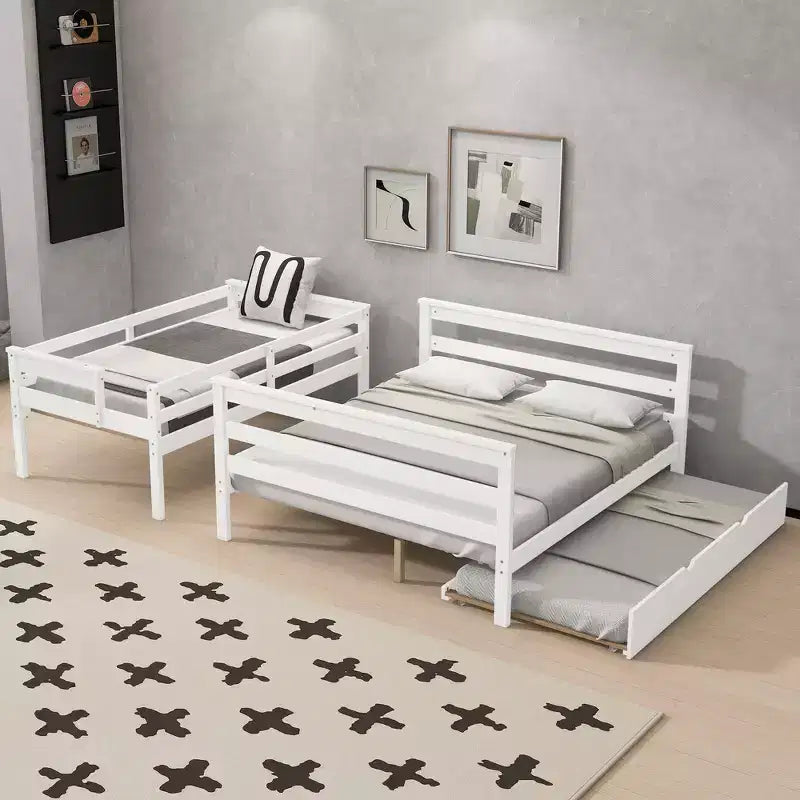 Litera de madera doble XL sobre queen con escalera, listones de madera maciza