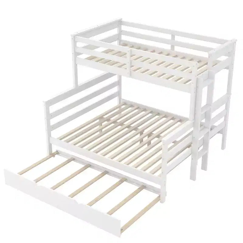 Litera de madera doble XL sobre queen con escalera, listones de madera maciza