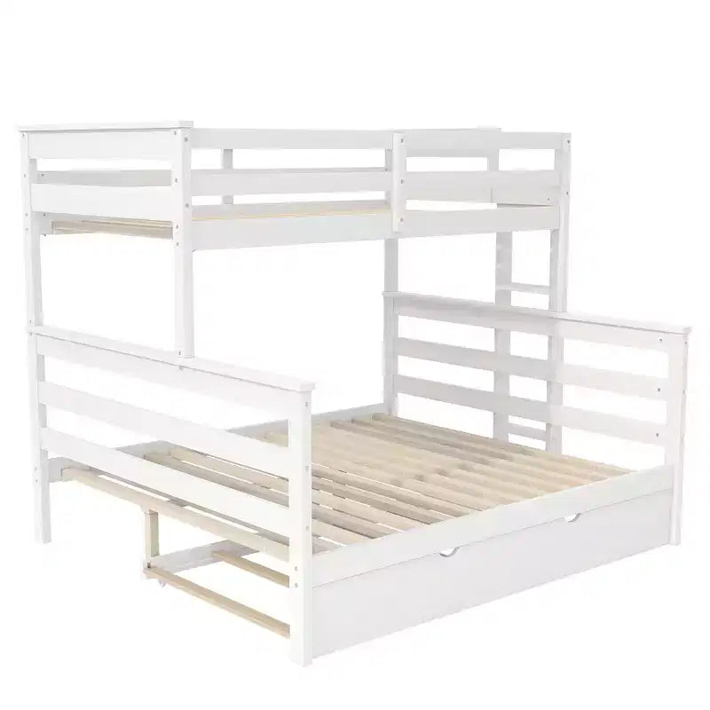 Litera de madera doble XL sobre queen con escalera, listones de madera maciza