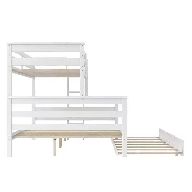 Litera de madera doble XL sobre queen con escalera, listones de madera maciza