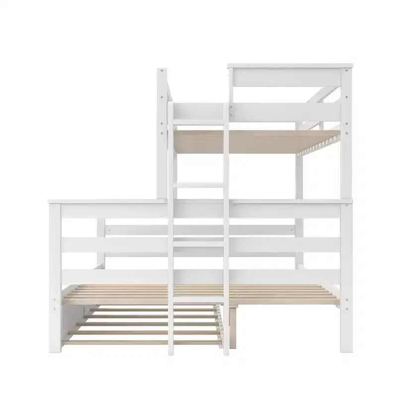 Litera de madera doble XL sobre queen con escalera, listones de madera maciza