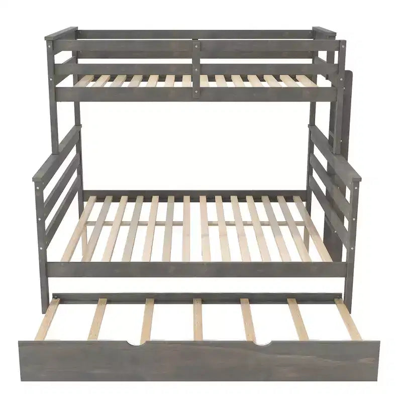 Litera de madera doble XL sobre queen con escalera, listones de madera maciza