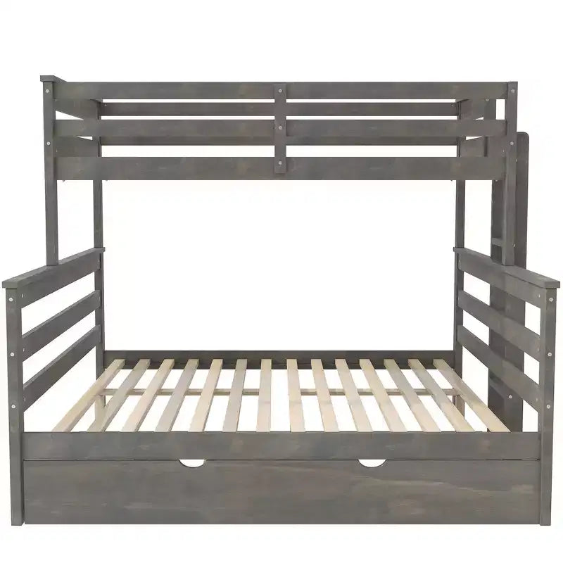 Litera de madera doble XL sobre queen con escalera, listones de madera maciza