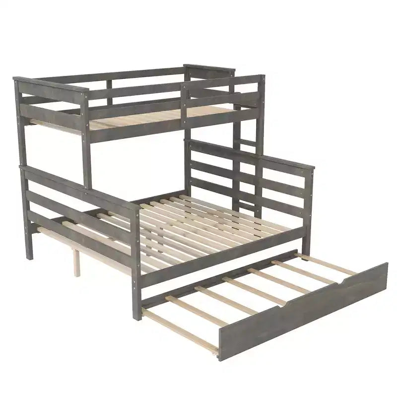 Litera de madera doble XL sobre queen con escalera, listones de madera maciza