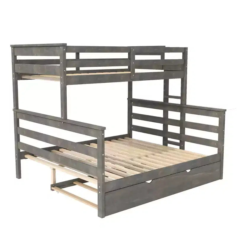 Litera de madera doble XL sobre queen con escalera, listones de madera maciza