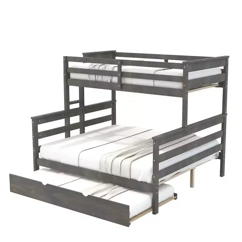 Litera de madera doble XL sobre queen con escalera, listones de madera maciza