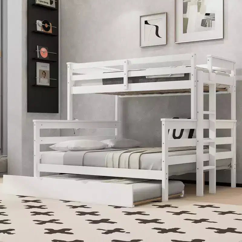 Litera de madera doble XL sobre queen con escalera, listones de madera maciza