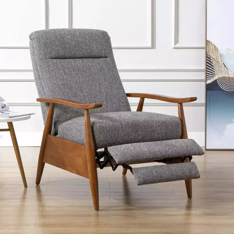 Sillón Reclinable de Respaldo Push-Back Gris Ceniza: Resistente a las manchas, patas de madera de castaño, relleno de espuma