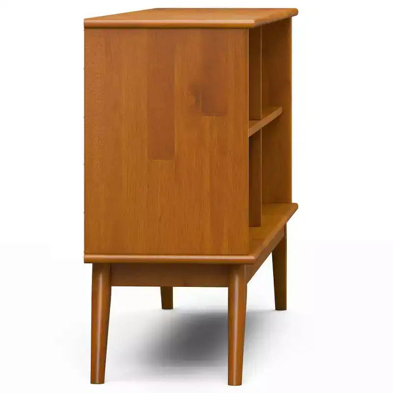 Estantería baja de teca marrón de 30": estilo moderno, 4 estantes fijos, estructura de madera de caucho