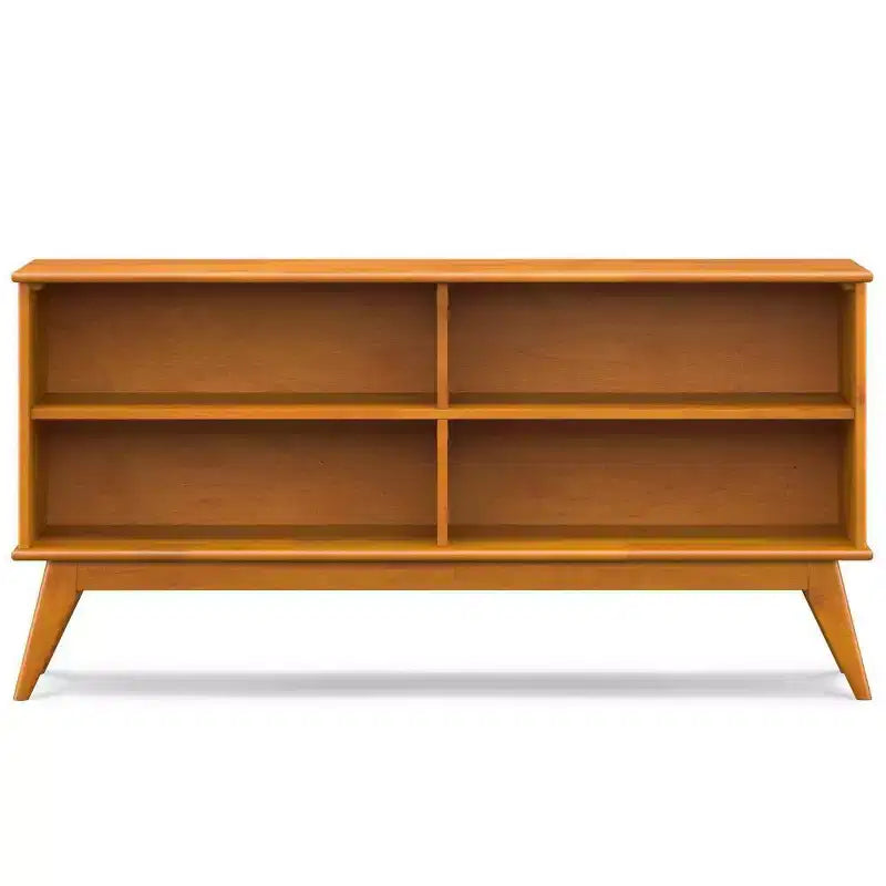 Estantería baja de teca marrón de 30": estilo moderno, 4 estantes fijos, estructura de madera de caucho