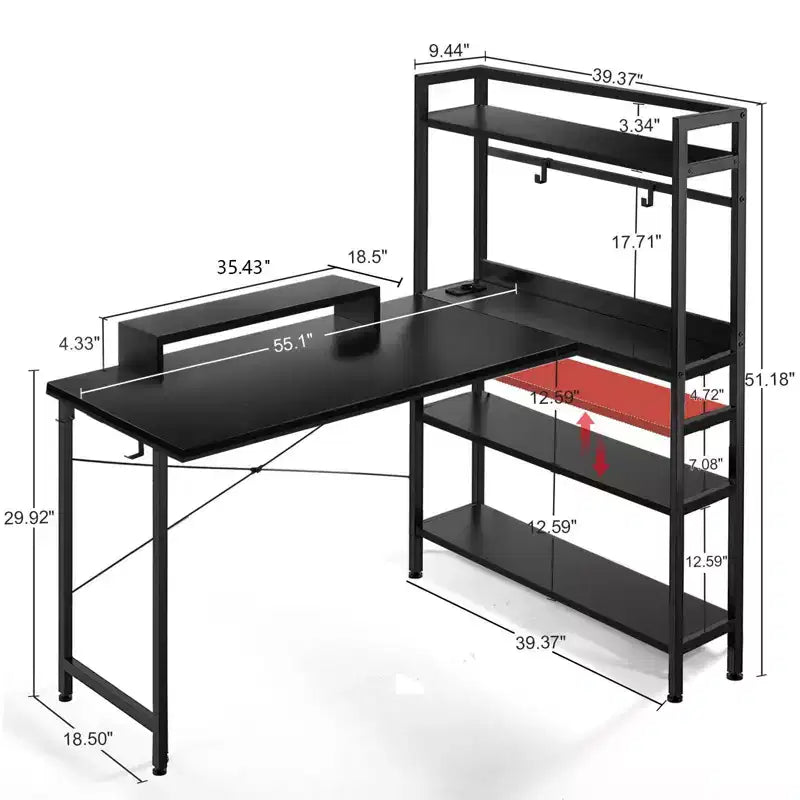 Escritorio de oficina de 55 pulgadas, escritorio para computadora con estantes, escritorio de esquina en forma de L con soporte para monitor, negro